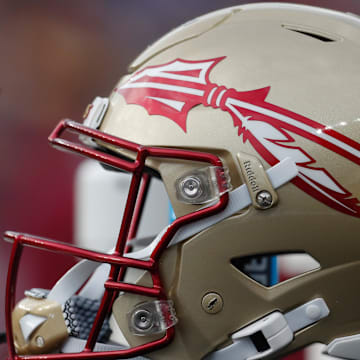 Nov 4, 2023; Pittsburgh, Pennsylvania, USA;  A Florida State Seminoles helmet on the sidelines against the Pittsburgh Panthers during the second quarter at Acrisure Stadium. Mandatory Credit: Charles LeClaire-Imagn Images