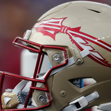 Nov 4, 2023; Pittsburgh, Pennsylvania, USA;  A Florida State Seminoles helmet on the sidelines against the Pittsburgh Panthers during the second quarter at Acrisure Stadium. Mandatory Credit: Charles LeClaire-Imagn Images