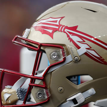 Nov 4, 2023; Pittsburgh, Pennsylvania, USA;  A Florida State Seminoles helmet on the sidelines against the Pittsburgh Panthers during the second quarter at Acrisure Stadium. Mandatory Credit: Charles LeClaire-Imagn Images