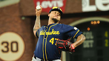 Sep 12, 2024; San Francisco, California, USA; Milwaukee Brewers starting pitcher Frankie Montas (47) pitches the ball against the San Francisco Giants during the fifth inning at Oracle Park. Mandatory Credit: Kelley L Cox-Imagn Images