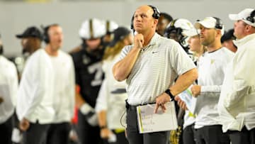 Vanderbilt Commodores head coach Clark Lea watches the video board after a missed call against the Alcorn State Braves during the first half at FirstBank Stadium.