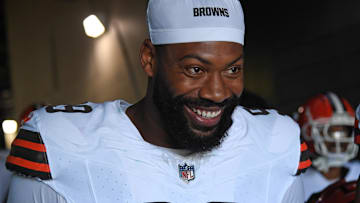 Oct 13, 2024; Philadelphia, Pennsylvania, USA; Cleveland Browns defensive end Za'Darius Smith (99) in the tunnel against the Philadelphia Eagles at Lincoln Financial Field. Mandatory Credit: Eric Hartline-Imagn Images