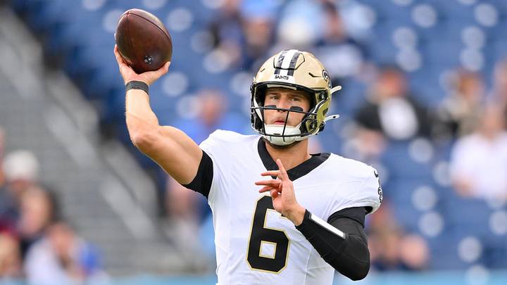 Dec. 28, 2025; Nashville, Tennessee, USA; New Orleans Saints quarterback Tyler Shough (6) throws a pass against the Tennessee Titans during pre-game warmups at Nissan Stadium. Mandatory Credit: Steve Roberts-Imagn Images