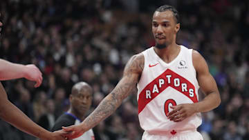 Mar 10, 2025; Toronto, Ontario, CAN; Toronto Raptors guard AJ Lawson (0) gets congratulated after making a basket against the Washington Wizards during the second half at Scotiabank Arena. Mandatory Credit: John E. Sokolowski-Imagn Images