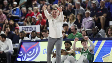Jan 28, 2024; Boca Raton, Florida, USA; North Texas Mean Green head coach Ross Hodge reacts from the sideline against the Florida Atlantic Owls during the first half at Eleanor R. Baldwin Arena. Mandatory Credit: Sam Navarro-Imagn Images