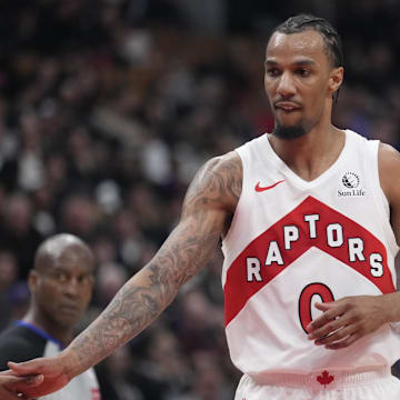 Mar 10, 2025; Toronto, Ontario, CAN; Toronto Raptors guard AJ Lawson (0) gets congratulated after making a basket against the Washington Wizards during the second half at Scotiabank Arena. Mandatory Credit: John E. Sokolowski-Imagn Images