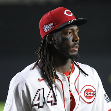 Aug 2, 2025; Bristol, Tennessee, USA; Cincinnati Reds shortstop Elly De La Cruz (44) looks on prior to the Speedway Classic game against the Atlanta Braves at Bristol Motor Speedway. Mandatory Credit: Randy Sartin-Imagn Images