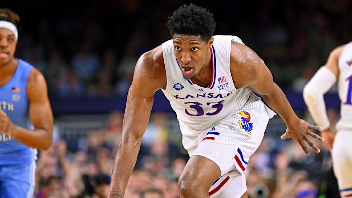 Apr 4, 2022; New Orleans, LA, USA; Kansas Jayhawks forward David McCormack (33) reacts after a play against the North Carolina Tar Heels during the second half during the 2022 NCAA men's basketball tournament Final Four championship game at Caesars Superdome. Mandatory Credit: Bob Donnan-Imagn Images