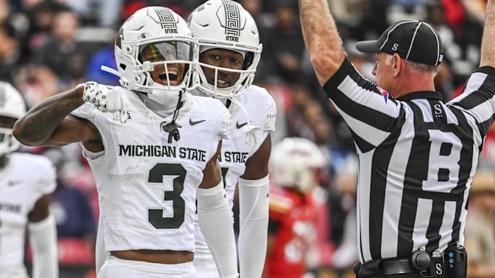 Sep 7, 2024; College Park, Maryland, USA; Michigan State Spartans wide receiver Montorie Foster Jr. (3) reacts after catching a pass for a touchdown against the Maryland Terrapins during the first quarter  at SECU Stadium. Mandatory Credit: Tommy Gilligan-Imagn Images