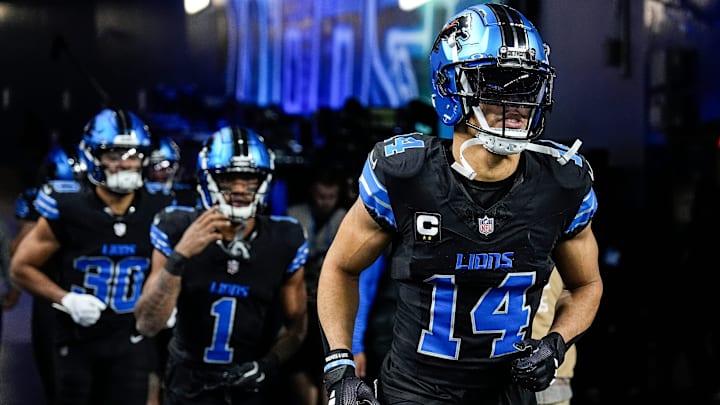 Detroit Lions wide receiver Amon-Ra St. Brown (14) takes the field for warm up before the game between Detroit Lions and Buffalo Bills at Ford Field in Detroit on Sunday, Dec. 15, 2024. Detroit Lions wide receiver Amon-Ra St. Brown (14) takes the field for warm up before the game between Detroit Lions and Buffalo Bills at Ford Field in Detroit on Sunday, Dec. 15, 2024.
