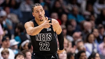 Mar 8, 2025; Charlotte, North Carolina, USA; Brooklyn Nets forward Jalen Wilson (22) celebrates a three point basket against the Charlotte Hornets during the third quarter at Spectrum Center. Mandatory Credit: Scott Kinser-Imagn Images