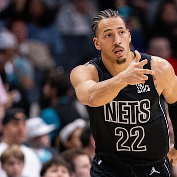 Mar 8, 2025; Charlotte, North Carolina, USA; Brooklyn Nets forward Jalen Wilson (22) celebrates a three point basket against the Charlotte Hornets during the third quarter at Spectrum Center. Mandatory Credit: Scott Kinser-Imagn Images