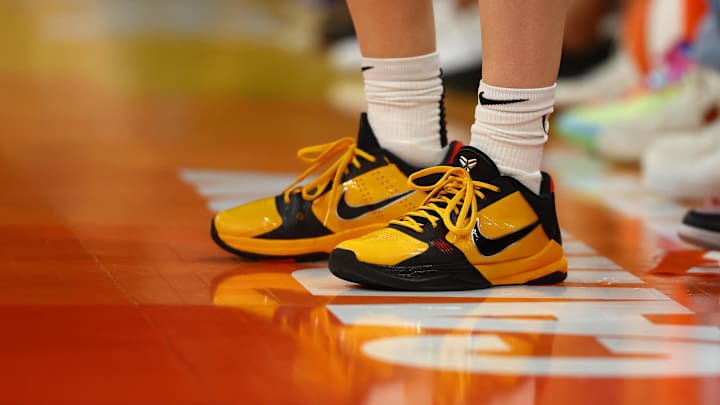 Jun 30, 2024; Phoenix, Arizona, USA; Detailed view of the Nike shoes of Indiana Fever guard Caitlin Clark (22) against the Phoenix Mercury during a WNBA game at Footprint Center. Mandatory Credit: Mark J. Rebilas-Imagn Images