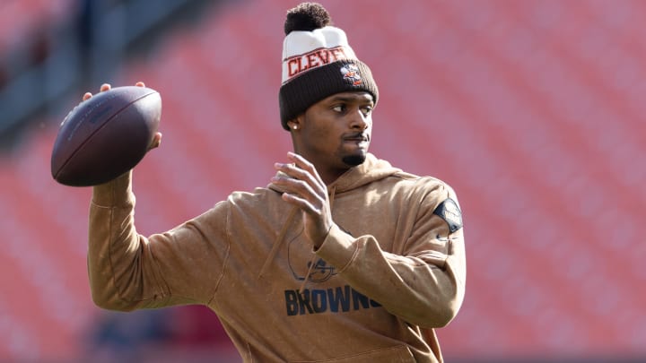 Nov 5, 2023; Cleveland, Ohio, USA; Cleveland Browns quarterback Deshaun Watson (4) throws the ball during warm ups before the game against the Arizona Cardinals at Cleveland Browns Stadium.