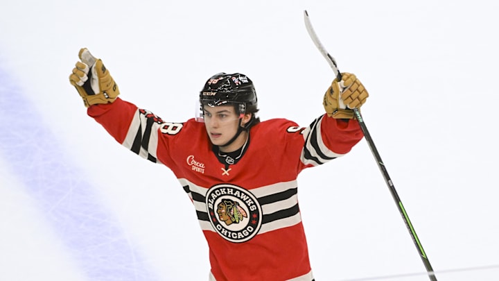 Mar 7, 2025; Chicago, Illinois, USA;   Chicago Blackhawks center Connor Bedard (98) celebrates after scoring the winning goal during the overtime period  at the United Center. Mandatory Credit: Matt Marton-Imagn Images