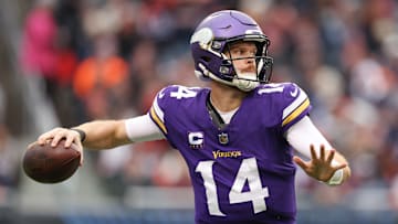 Minnesota Vikings quarterback Sam Darnold throws a pass against the Chicago Bears