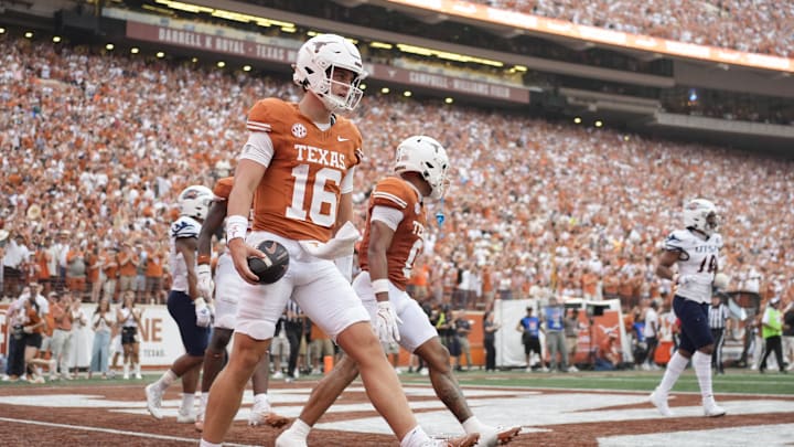 Sep 14, 2024; Austin, Texas, USA; Texas Longhorns quarterback Arch Manning (16) reacts after scoring a touchdown during the first half against the Texas-San Antonio Roadrunners at Darrell K Royal-Texas Memorial Stadium. Mandatory Credit: Scott Wachter-Imagn Images