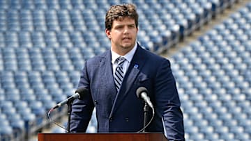 Apr 25, 2025; Foxborough, MA, USA; New England Patriots first round draft pick Will Campbell addresses media during a press conference on the game field at Gillette Stadium.  Mandatory Credit: Eric Canha-Imagn Images