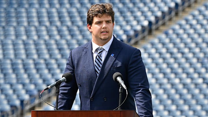 Apr 25, 2025; Foxborough, MA, USA; New England Patriots first round draft pick Will Campbell addresses media during a press conference on the game field at Gillette Stadium.  Mandatory Credit: Eric Canha-Imagn Images