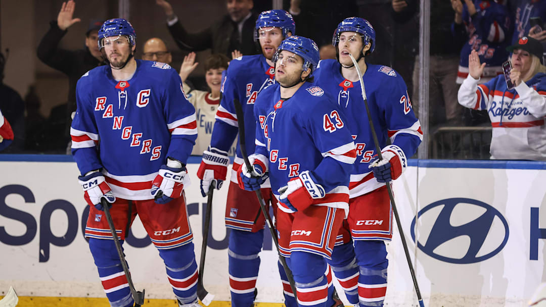 Mar 23, 2026; New York, New York, USA;  New York Rangers left wing Conor Sheary (43) celebrates with his teammates after scoring a goal in the third period against the Ottawa Senators at Madison Square Garden. Mandatory Credit: Wendell Cruz-Imagn Images