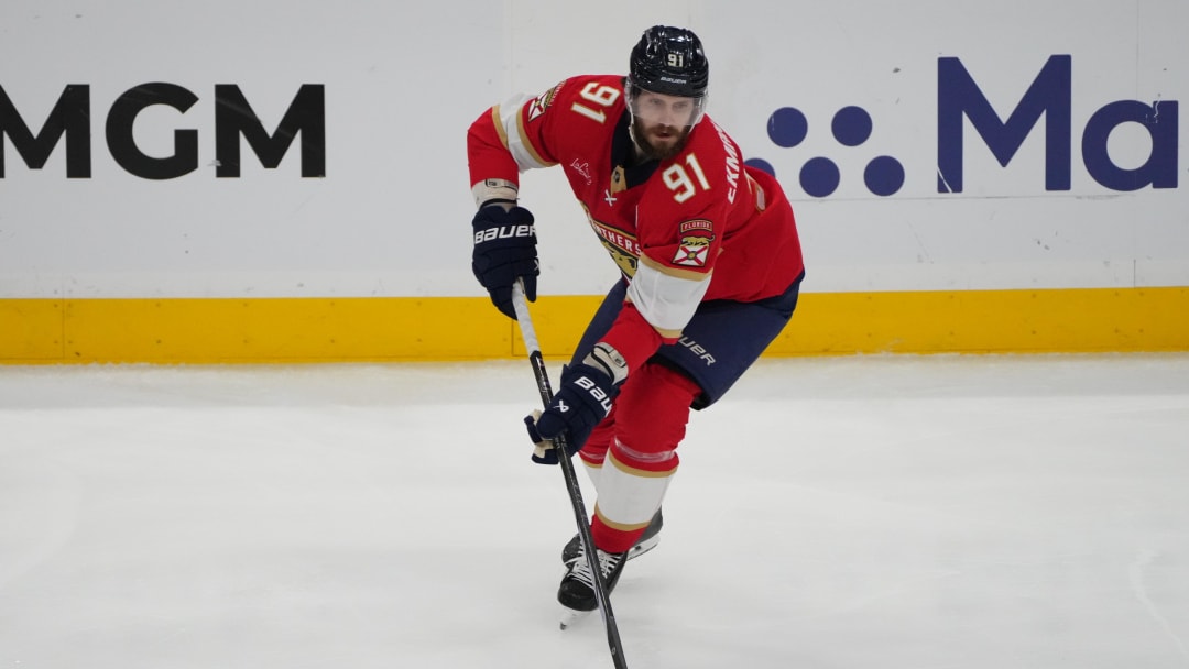 Jun 24, 2024; Sunrise, Florida, USA; Florida Panthers defenseman Oliver Ekman-Larsson (91) skates with the puck during the first period against the Edmonton Oilers in game seven of the 2024 Stanley Cup Final at Amerant Bank Arena. Mandatory Credit: Jim Rassol-USA TODAY Sports