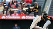 Pittsburgh Pirates first baseman Matt Gorski (62) hits a home run during the first inning against the Los Angeles Angels at Angel Stadium. Gorski hits his first MLB home run in the first MLB at bat.