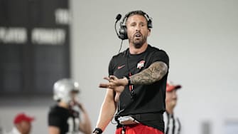 Ohio State Buckeyes offensive coordinator Brian Hartline motions during spring football practice at the Woody Hayes Athletic Center in Columbus on March 19, 2025.