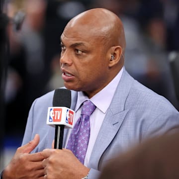 Jun 12, 2024; Dallas, Texas, USA; NBA TV analyst Charles Barkley talks on set before game three of the 2024 NBA Finals between the Boston Celtics and the Dallas Mavericks at American Airlines Center. Mandatory Credit: Kevin Jairaj-Imagn Images