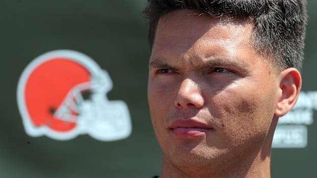 Cleveland Browns quarterback Dillon Gabriel (5) takes questions during a press conference before day two of NFL rookie minica