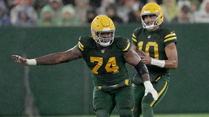 Filling in for injured center Josh Myers, Green Bay Packers guard Elgton Jenkins (74) provides pass protection during the second quarter of their game against Detroit Lions Sunday, November 3, 2024 at Lambeau Field in Green Bay, Wisconsin.