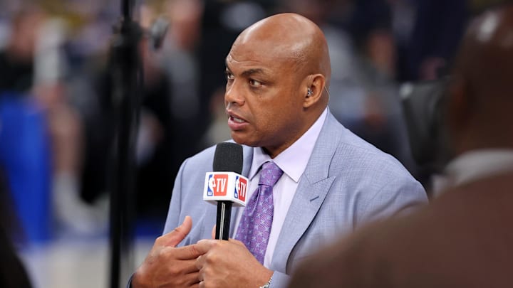 Jun 12, 2024; Dallas, Texas, USA; NBA TV analyst Charles Barkley talks on set before game three of the 2024 NBA Finals between the Boston Celtics and the Dallas Mavericks at American Airlines Center. Mandatory Credit: Kevin Jairaj-Imagn Images