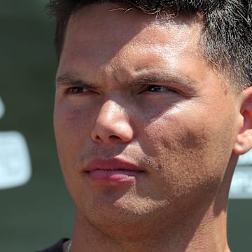 Cleveland Browns quarterback Dillon Gabriel (5) takes questions during a press conference before day two of NFL rookie minicamp at the Cleveland Browns training facility on Saturday, May 10, 2025, in Berea, Ohio.