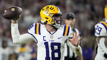 Nov 8, 2025; Tuscaloosa, Alabama, USA;  LSU quarterback Garrett Nussmeier (18) throws a pass during the second half of the game with Alabama at Saban Field at Bryant-Denny Stadium. Alabama defeated LSU 20-9. Mandatory Credit: Gary Cosby Jr.-Imagn Images