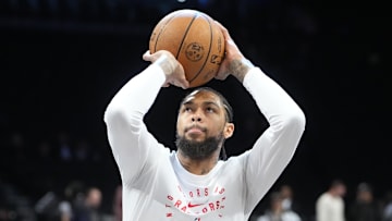 Apr 6, 2025; Brooklyn, New York, USA;  Toronto Raptors wing Brandon Ingram (3) warms up prior to the game against the Brooklyn Nets at Barclays Center. Mandatory Credit: Gregory Fisher-Imagn Images