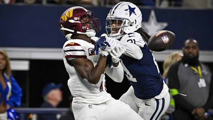 Nov 23, 2023; Arlington, Texas, USA; Dallas Cowboys cornerback Stephon Gilmore (21) breaks up a pass intended for Washington Commanders wide receiver Terry McLaurin (17) during the second half at AT&T Stadium. Mandatory Credit: Jerome Miron-Imagn Images