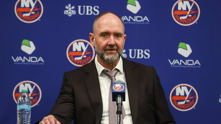 Apr 9, 2026; Elmont, New York, USA;  New York Islanders head coach Peter DeBoer speaks to the press following the team’s 5-3 win over the Toronto Maple Leafs at UBS Arena. Mandatory Credit: Wendell Cruz-Imagn Images