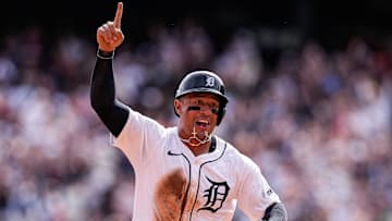 Detroit Tigers designated hitter Jahmai Jones (18) celebrates as first base Spencer Torkelson bats a 2-run home run against Atlanta Braves during the seventh inning at Comerica Park in Detroit on Saturday, Sept. 20, 2025.