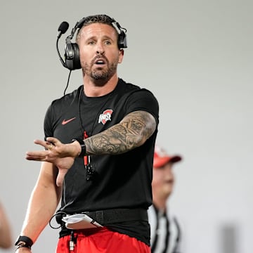 Ohio State Buckeyes offensive coordinator Brian Hartline motions during spring football practice at the Woody Hayes Athletic Center in Columbus on March 19, 2025.