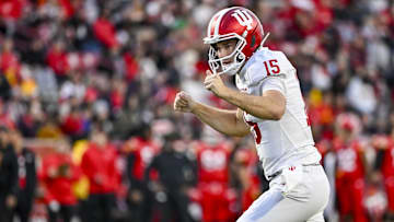 Nov 1, 2025; College Park, Maryland, USA;  Indiana Hoosiers quarterback Fernando Mendoza (15) celebrates after a touchdown during the second half against the Maryland Terrapins.