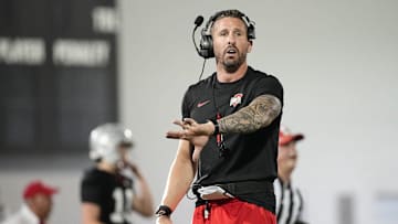 Ohio State Buckeyes offensive coordinator Brian Hartline motions during spring football practice at the Woody Hayes Athletic Center in Columbus on March 19, 2025.