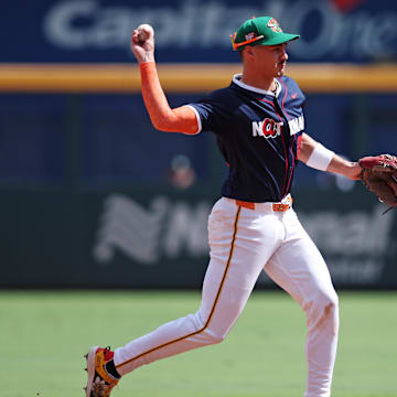 Jul 12, 2025; Atlanta, GA, USA;  National League Konnor Griffin (24) throws the ball during the second inning against American League at Truist Park. Mandatory Credit: Brett Davis-Imagn Images