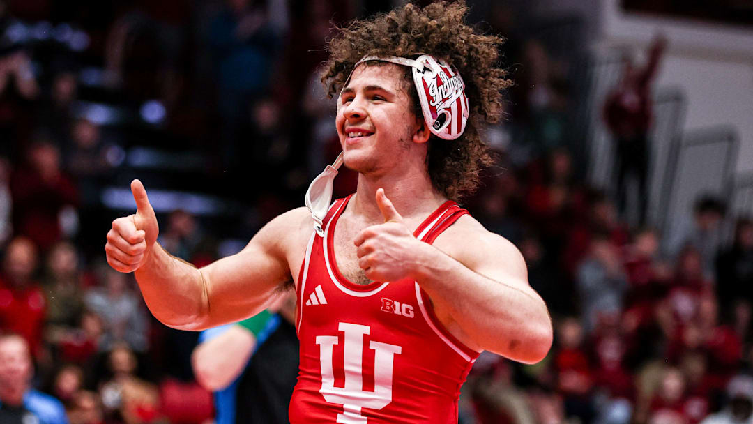 Indiana wrestler Joey Buttler celebrates during a meet against Purdue on Feb. 20, 2026.