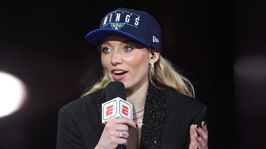 Paige Bueckers is interviewed by ESPN after being selected with the No. 1 pick by Dallas Wings. | Vincent Carchietta-Imagn Images