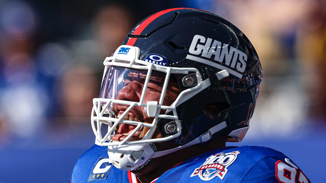 Nov 3, 2024; East Rutherford, New Jersey, USA; New York Giants defensive tackle Dexter Lawrence II (97) reacts during introductions before the game against the Washington Commanders at MetLife Stadium. Mandatory Credit: Vincent Carchietta-Imagn Images