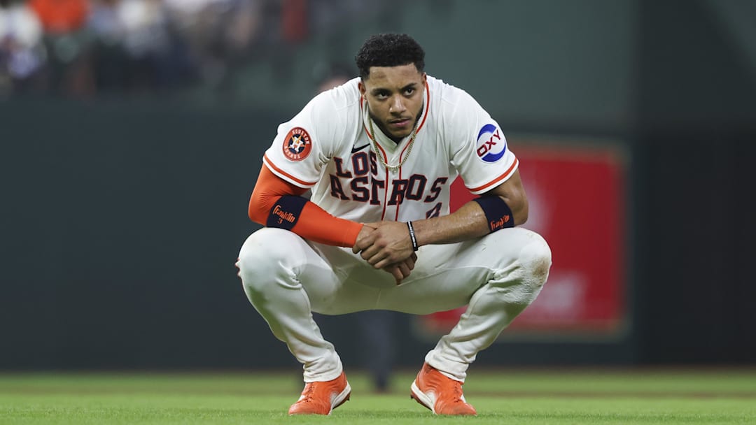 Sep 20, 2025; Houston, Texas, USA; Houston Astros shortstop Jeremy Pena (3) reacts after a play during the sixth inning against the Seattle Mariners at Daikin Park.
