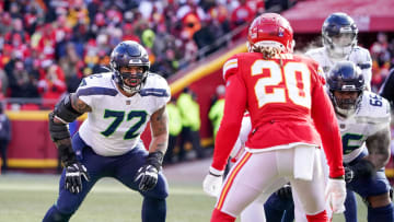 Dec 24, 2022; Kansas City, Missouri, USA; Seattle Seahawks offensive tackle Abraham Lucas (72) at the line of scrimmage against the Kansas City Chiefs during the game at GEHA Field at Arrowhead Stadium. Mandatory Credit: Denny Medley-USA TODAY Sports