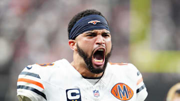 Sep 28, 2025; Paradise, Nevada, USA; Chicago Bears quarterback Caleb Williams (18) celebrates after the game against the Las Vegas Raiders at Allegiant Stadium. Mandatory Credit: Stephen R. Sylvanie-Imagn Images