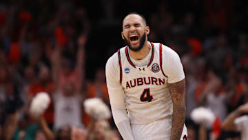 Mar 30, 2025; Atlanta, GA, USA; Auburn Tigers forward Johni Broome (4) celebrates after a play during the second half in the South Regional final of the 2025 NCAA tournament against the Michigan State Spartans at State Farm Arena. Mandatory Credit: Brett Davis-Imagn Images