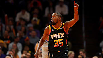 Nov 26, 2024; Phoenix, Arizona, USA; Phoenix Suns forward Kevin Durant (35) celebrates after a play during the first quarter against the Los Angeles Lakers at Footprint Center. Mandatory Credit: Mark J. Rebilas-Imagn Images