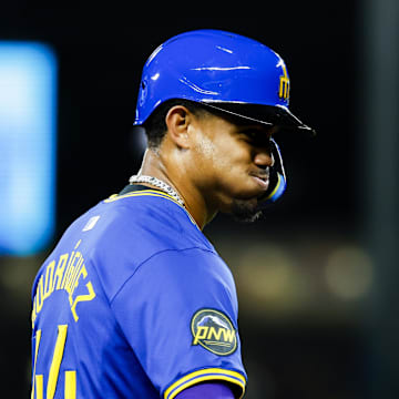 Seattle Mariners center fielder Julio Rodriguez (44) looks towards the New York Yankees dugout in between pitches during the third inning at T-Mobile Park on Sept 17.